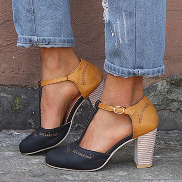 Women's Elegant T-Strap Pumps with Perforated Toe and Suede Finish
