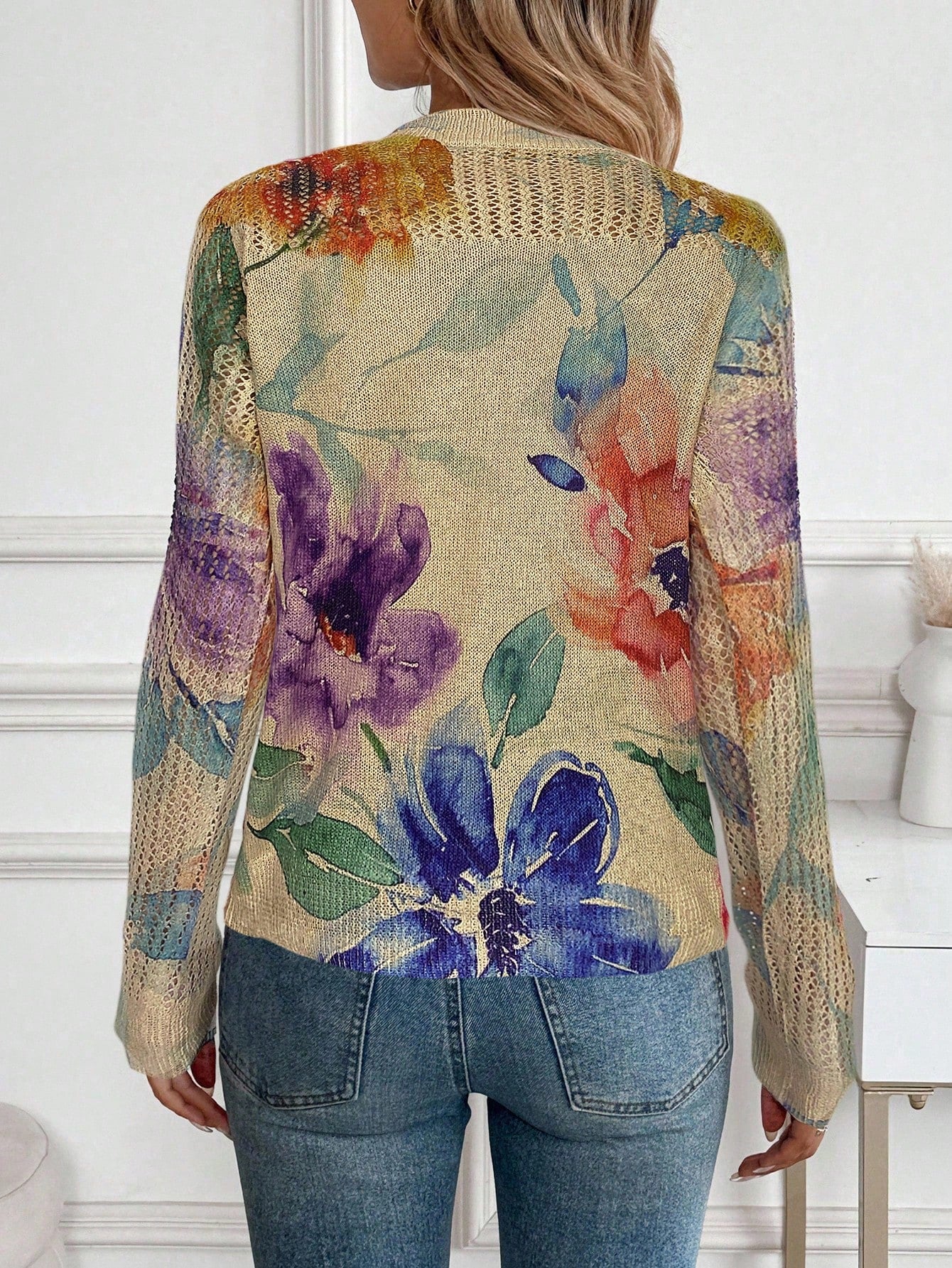 Women’s Vintage Floral Knit Sweater – Artistic Tie-Dye Print Lightweight Pullover Top