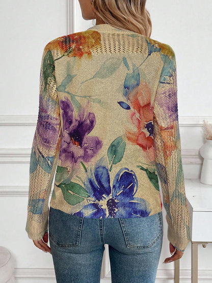 Women’s Vintage Floral Knit Sweater – Artistic Tie-Dye Print Lightweight Pullover Top