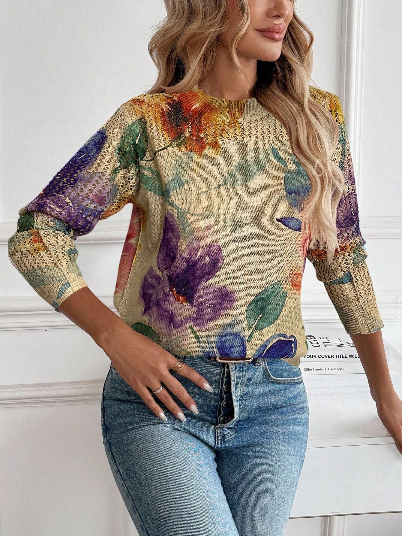 Women’s Vintage Floral Knit Sweater – Artistic Tie-Dye Print Lightweight Pullover Top