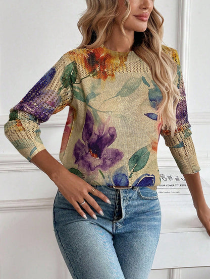 Women’s Vintage Floral Knit Sweater – Artistic Tie-Dye Print Lightweight Pullover Top