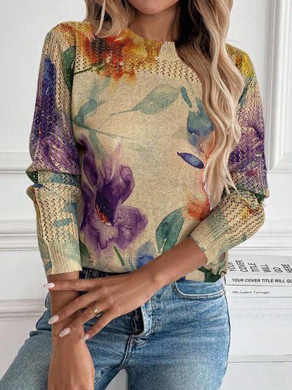 Women’s Vintage Floral Knit Sweater – Artistic Tie-Dye Print Lightweight Pullover Top