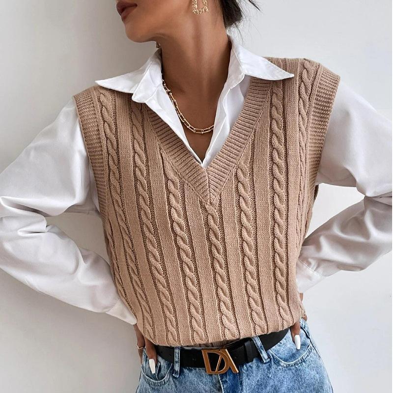 Pull Sans Manches en Maille Torsadée à Col V pour Femme
