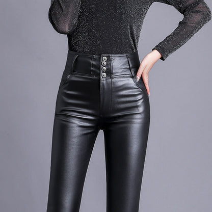 Pantalon Femme en Similicuir Taille Haute Coupe Skinny avec Boutons