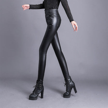 Pantalon Femme en Similicuir Taille Haute Coupe Skinny avec Boutons