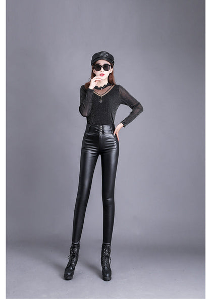 Pantalon Femme en Similicuir Taille Haute Coupe Skinny avec Boutons