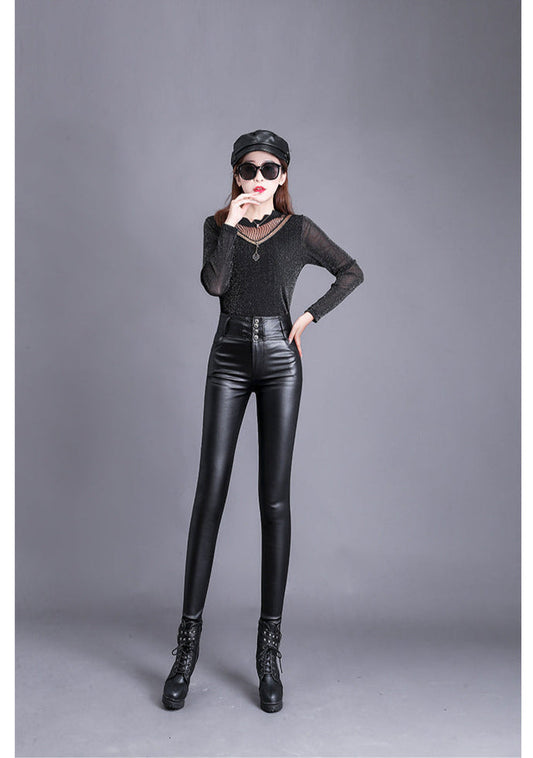 Pantalon Femme en Similicuir Taille Haute Coupe Skinny avec Boutons
