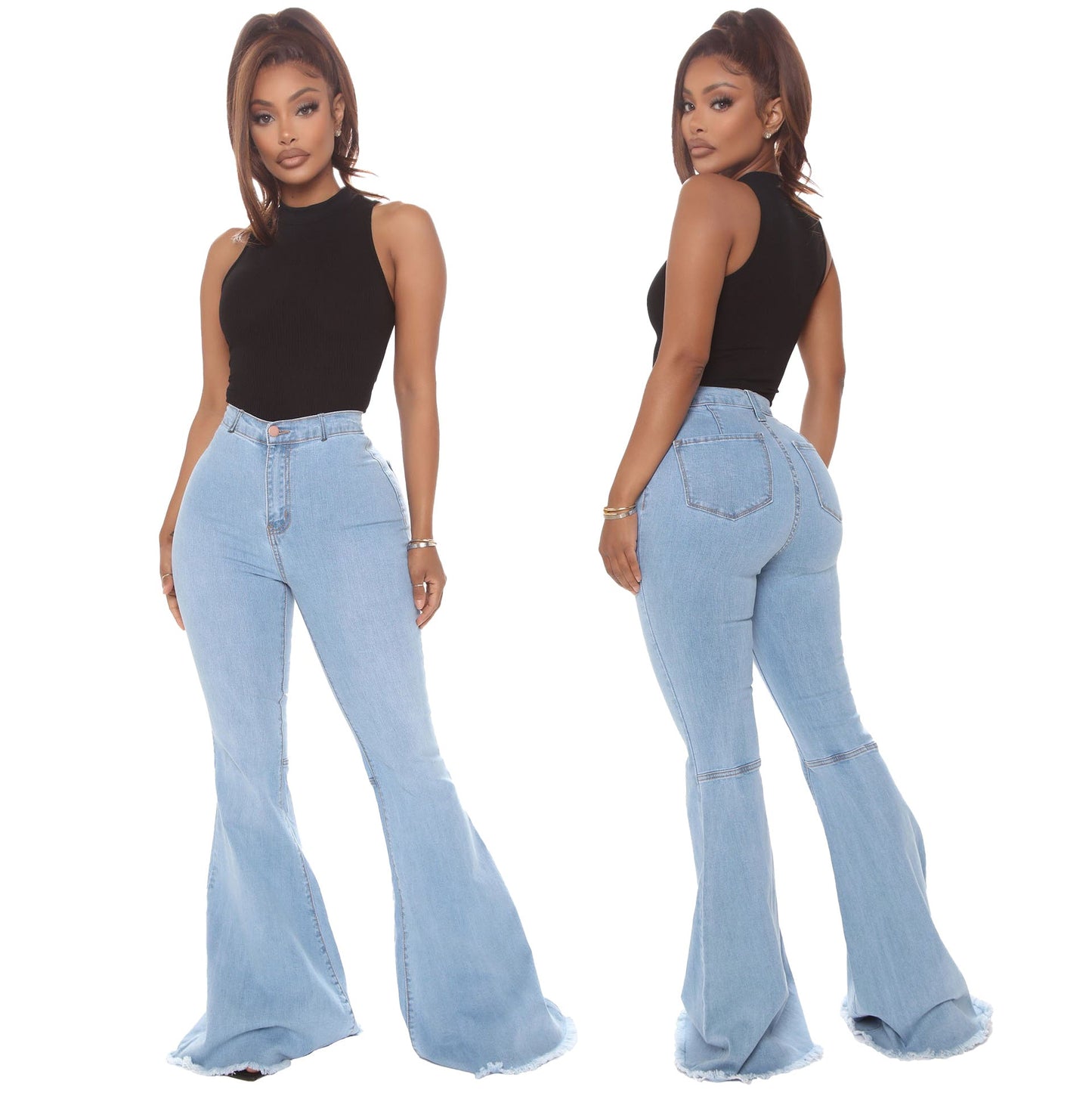 Jean flare taille haute à jambes larges et ourlet brut pour femme