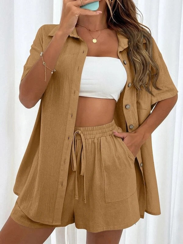 Women's Casual Two-Piece Set: Breathable Short Sleeve Blouse & Drawstring Shorts Outfit