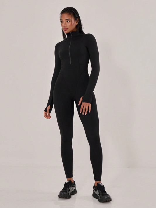 Women’s Long Sleeve Sports Jumpsuit – High Neck Stretch Activewear One-Piece
