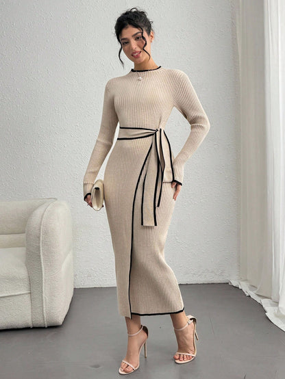 Women’s Elegant Ribbed Knit Sweater Dress with Waist Belt – Long Sleeve Winter Dress