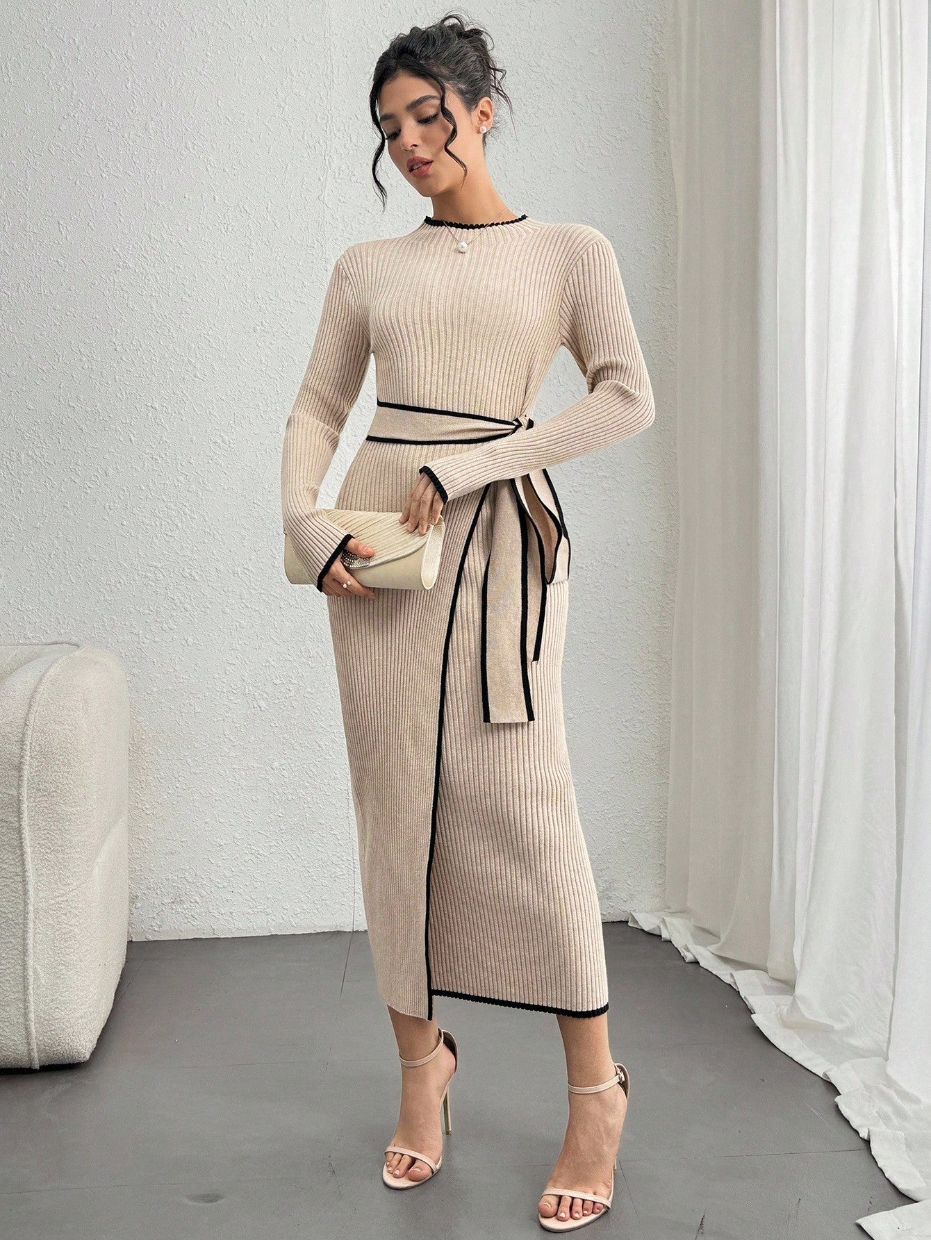 Women’s Elegant Ribbed Knit Sweater Dress with Waist Belt – Long Sleeve Winter Dress