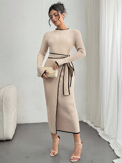 Women’s Elegant Ribbed Knit Sweater Dress with Waist Belt – Long Sleeve Winter Dress