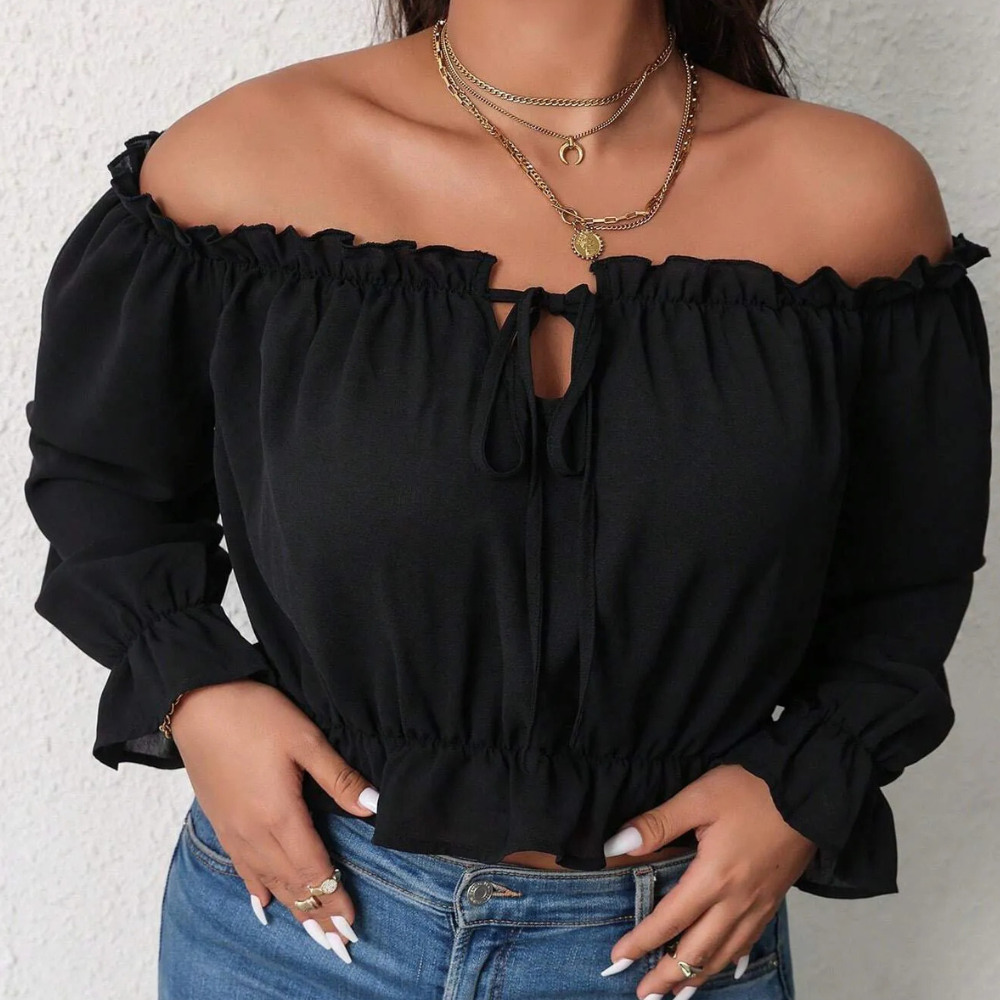 Women's Blouse à Épaules Dénudées – Manches Longues Bouffantes – Encolure Volantée