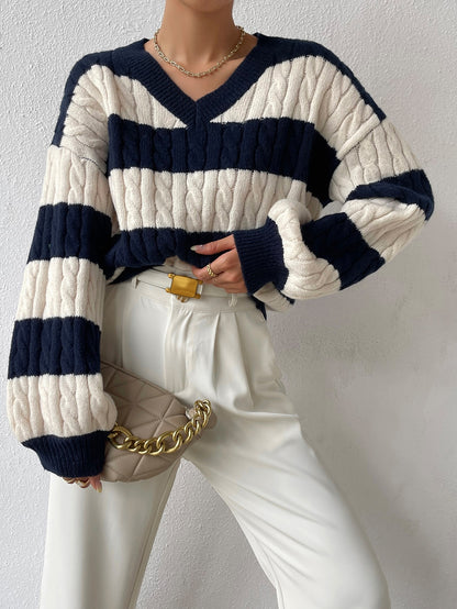 Women’s Two-Tone Cable Knit Sweater Soft Striped Pullover for Winter