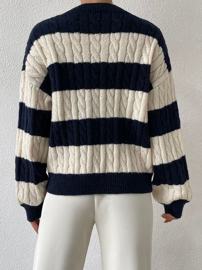 Women’s Two-Tone Cable Knit Sweater Soft Striped Pullover for Winter