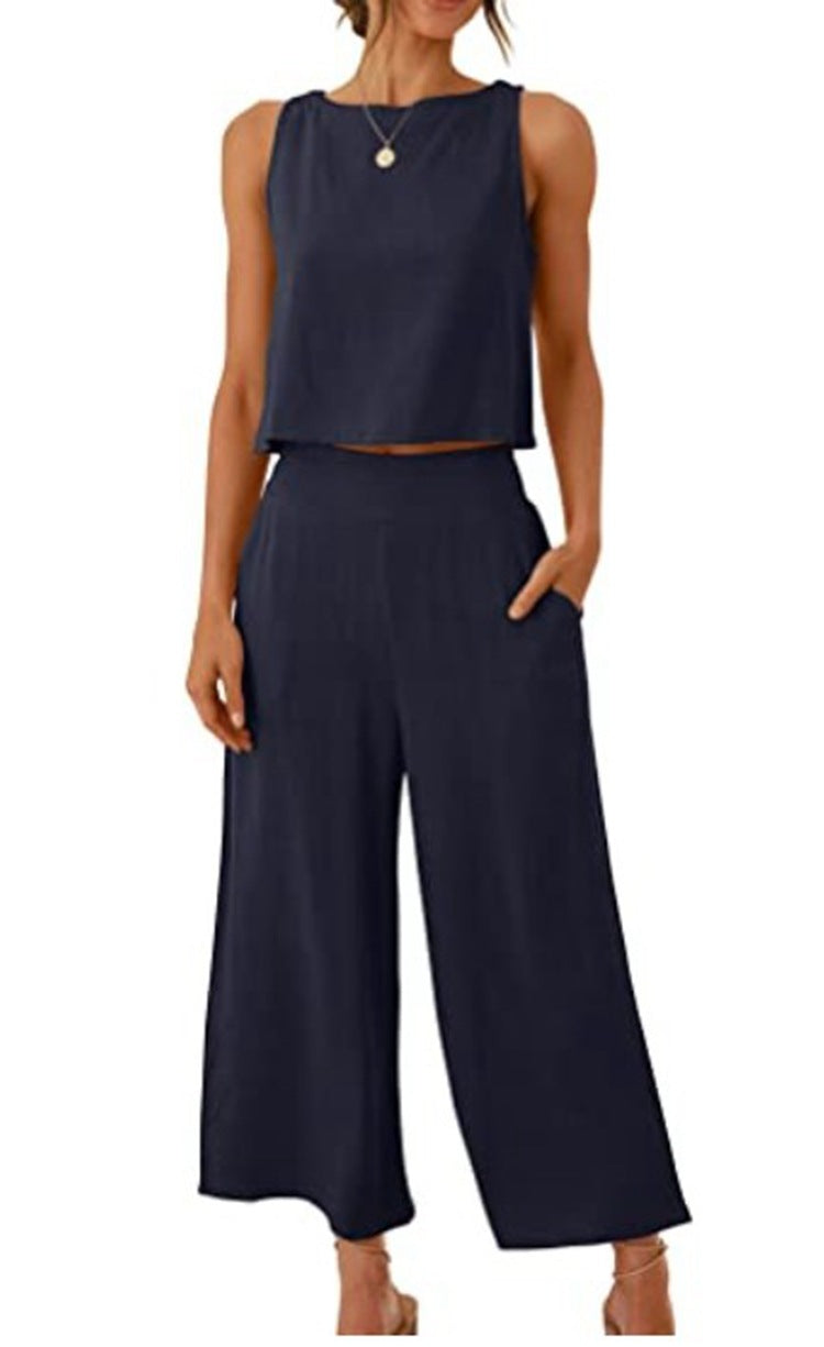 Women's Set - Sleeveless Vest and High Waist Wide Leg Pants