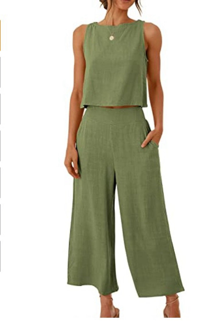 Women's Set - Sleeveless Vest and High Waist Wide Leg Pants