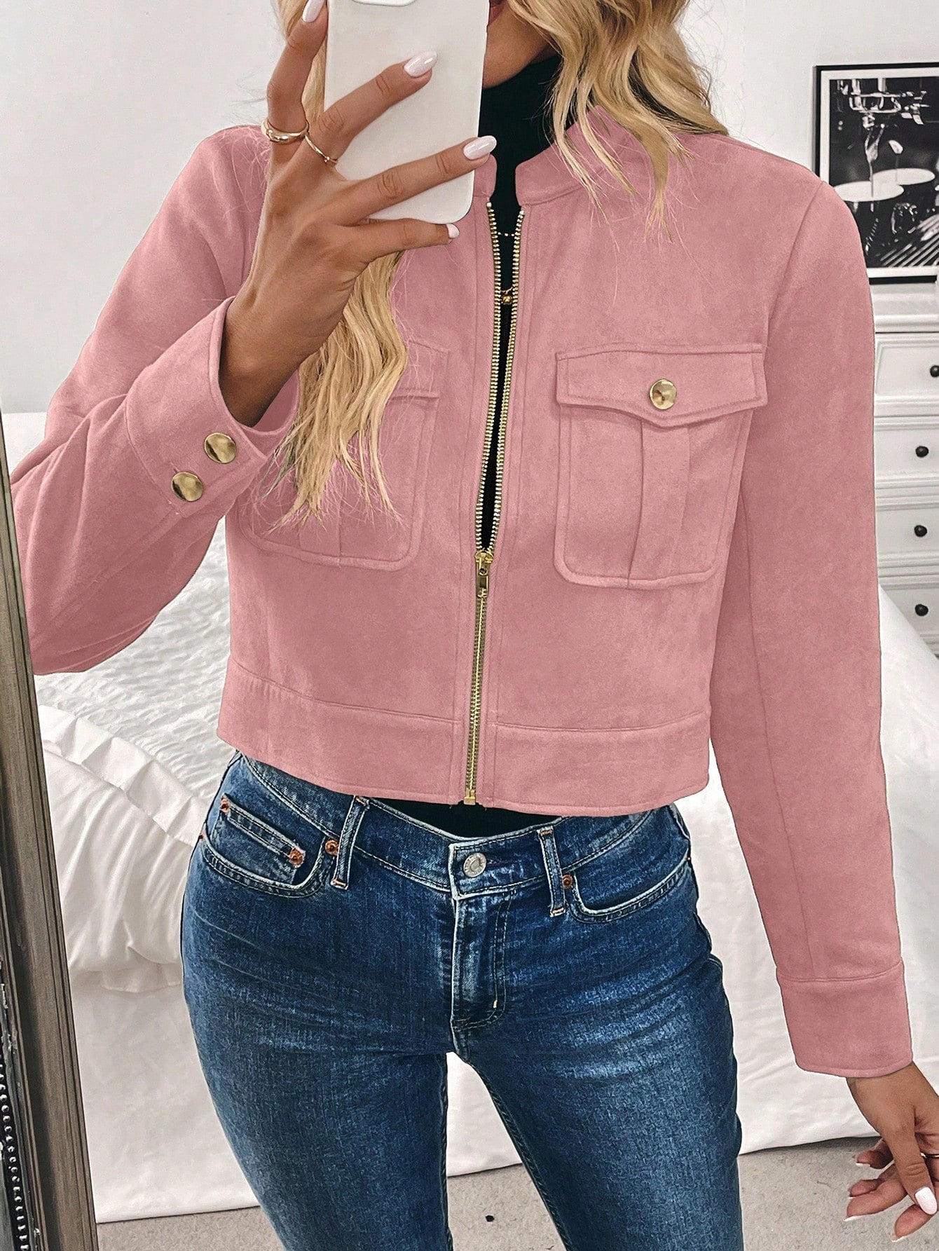 Women’s Black Military-Style Jacket – Short Zip Front Coat