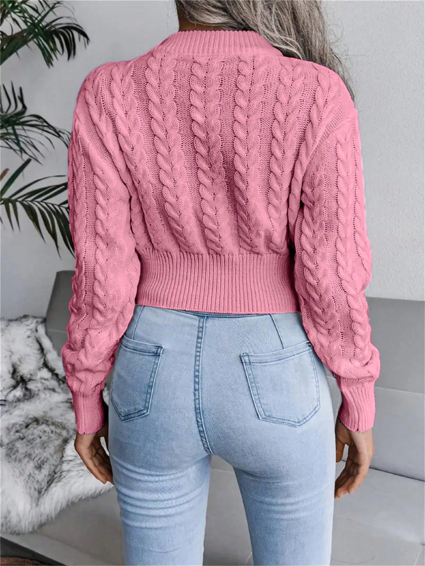 Women’s Cable-Knit Cropped Sweater – Round Neck Long Sleeve Ribbed Pullover