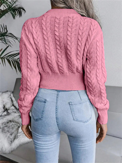 Women’s Cable-Knit Cropped Sweater – Round Neck Long Sleeve Ribbed Pullover