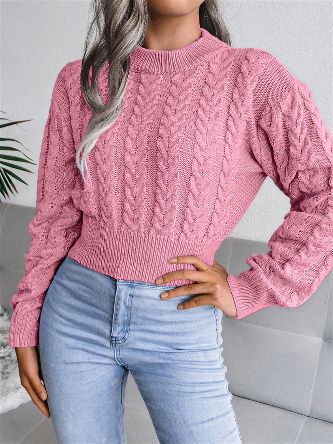Women’s Cable-Knit Cropped Sweater – Round Neck Long Sleeve Ribbed Pullover