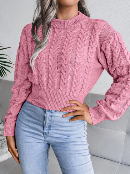Women’s Cable-Knit Cropped Sweater – Round Neck Long Sleeve Ribbed Pullover