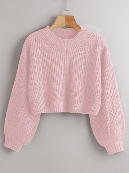 Women's Drop Shoulder Knit Sweater – Cozy Rib-Knit Long Sleeve Pullover