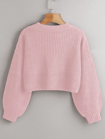 Women's Drop Shoulder Knit Sweater – Cozy Rib-Knit Long Sleeve Pullover