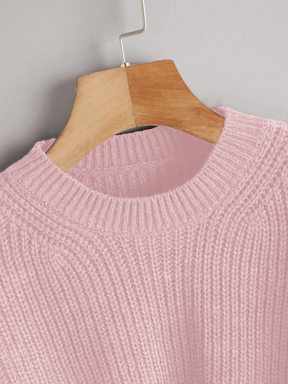 Women's Drop Shoulder Knit Sweater – Cozy Rib-Knit Long Sleeve Pullover