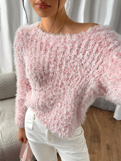 Women’s Fluffy Knit Sweater soft Long Sleeve Off-Shoulder Pullover