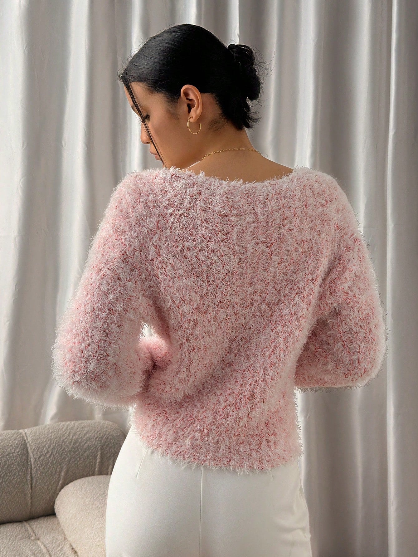 Women’s Fluffy Knit Sweater soft Long Sleeve Off-Shoulder Pullover