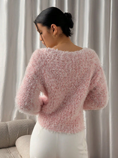 Women’s Fluffy Knit Sweater soft Long Sleeve Off-Shoulder Pullover