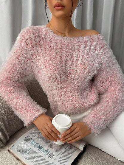Women’s Fluffy Knit Sweater soft Long Sleeve Off-Shoulder Pullover