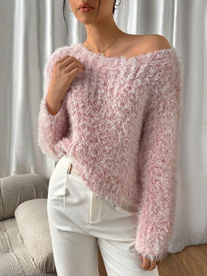 Women’s Fluffy Knit Sweater soft Long Sleeve Off-Shoulder Pullover