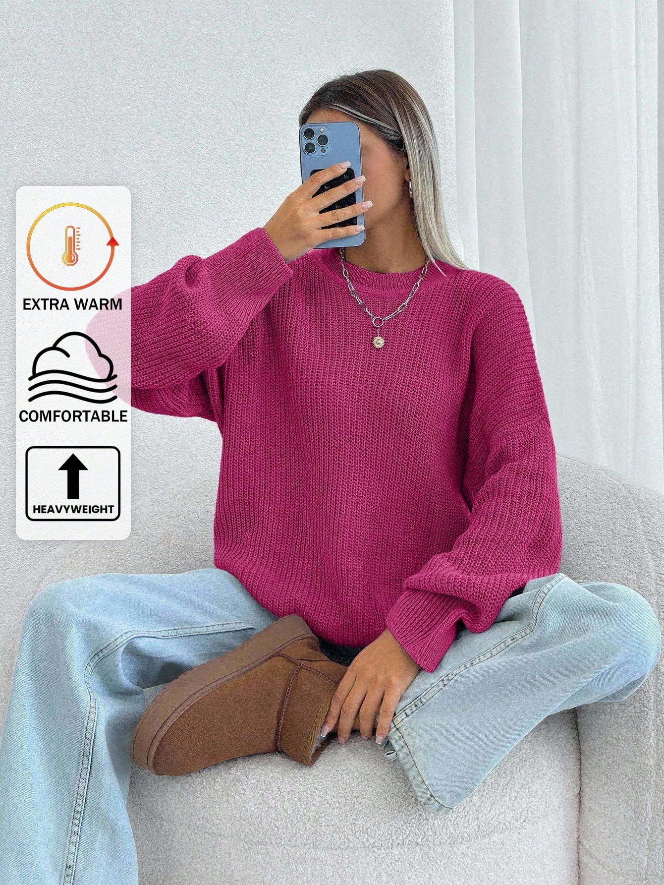 Women Chunky Knit Pullover Sweater – Oversized Drop Shoulder Knitwear