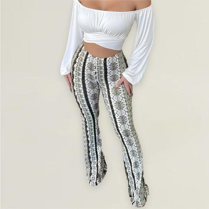 Pantalon Évasé Femme Taille Haute avec Motif Texturé et Coupe Slim
