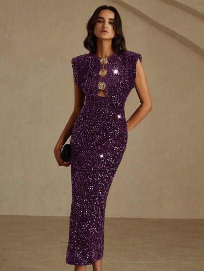Woman wearing a purple sequin dress with gold buttons against a beige background