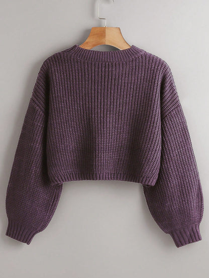 Women's Drop Shoulder Knit Sweater – Cozy Rib-Knit Long Sleeve Pullover