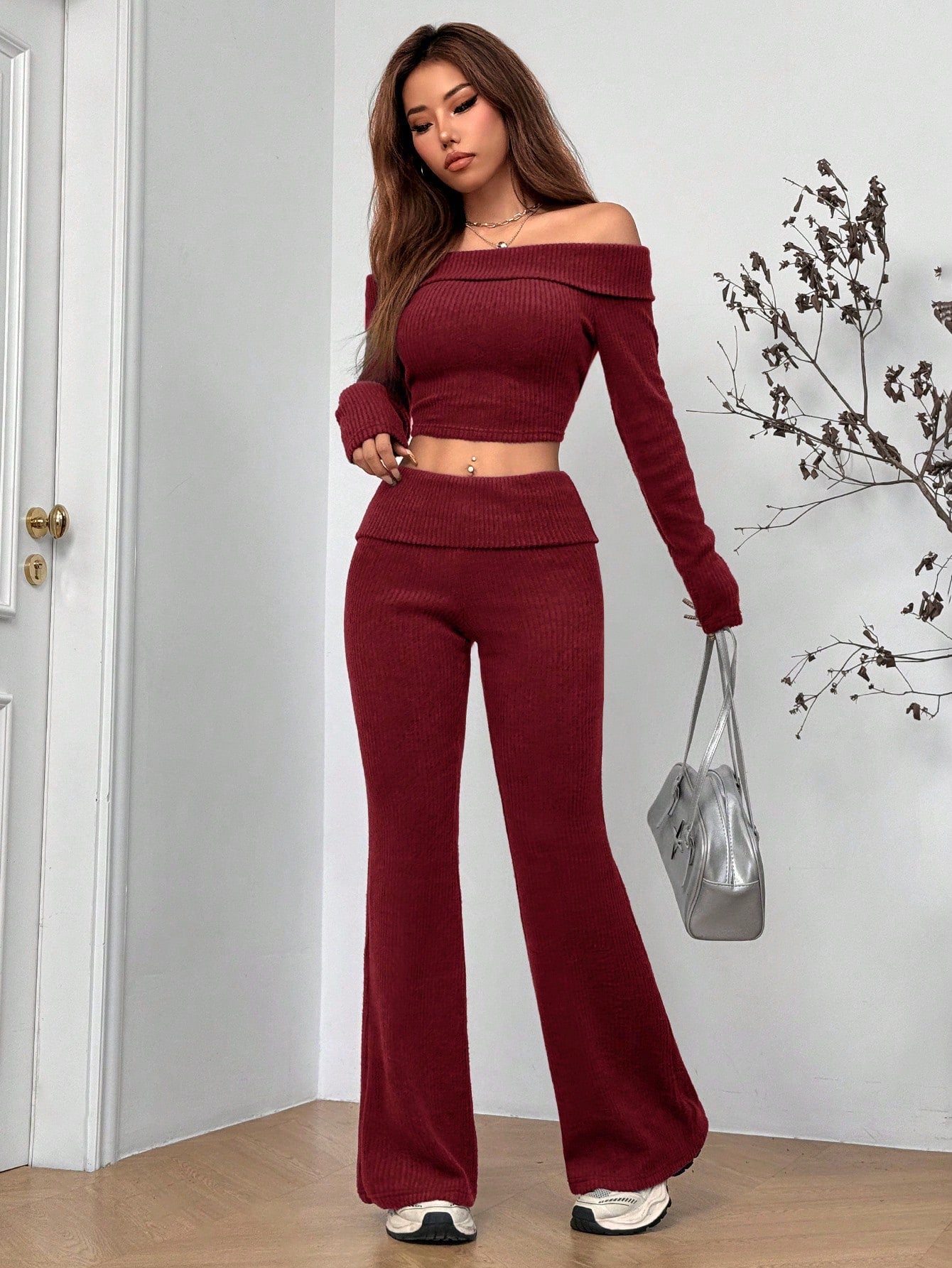Women’s Off-Shoulder Ribbed Knit 2-Piece Set Crop Top & Flared Pants