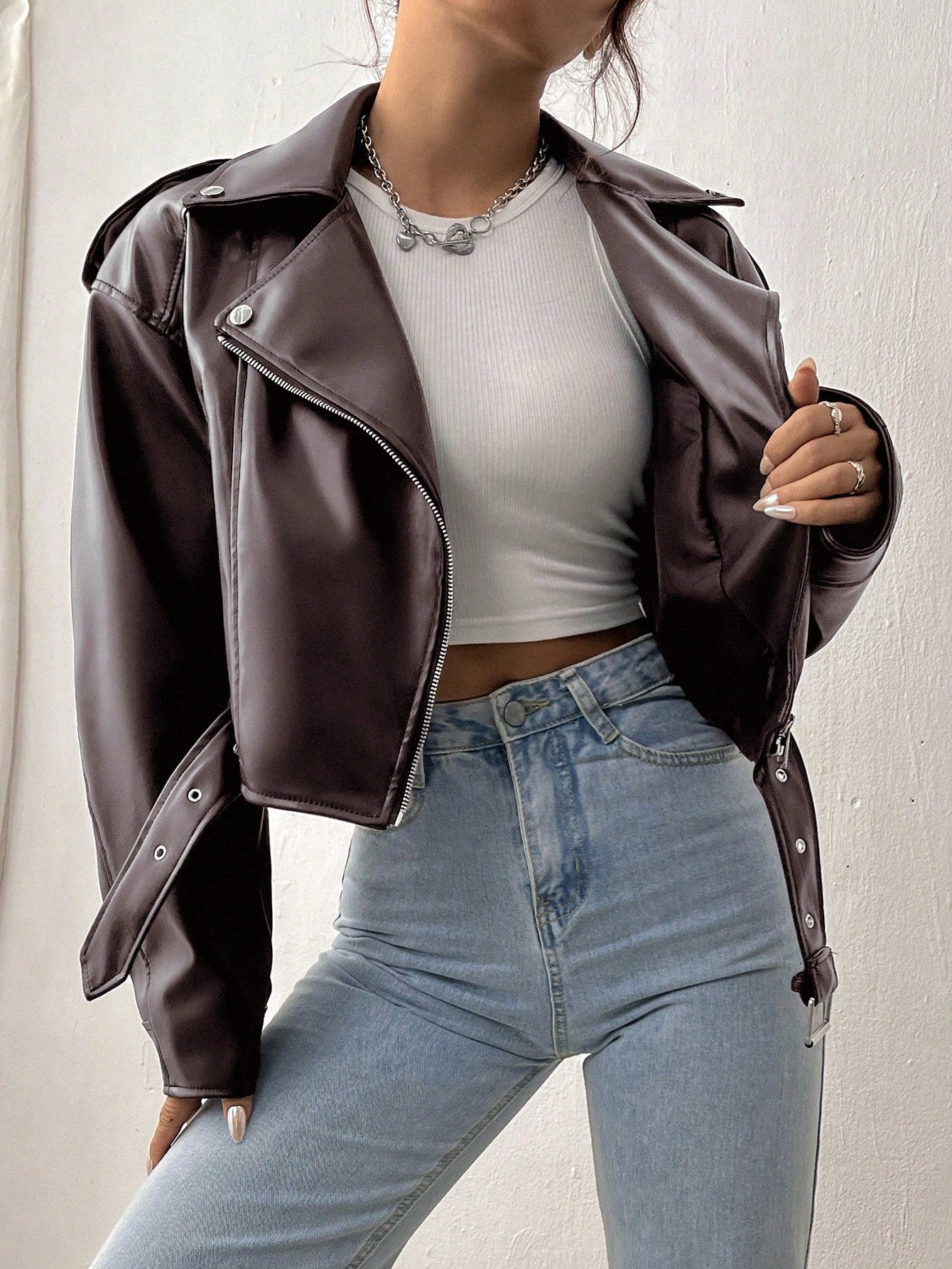 Women’s Street Moto Faux Leather Jacket – Cropped Zip Biker Coat