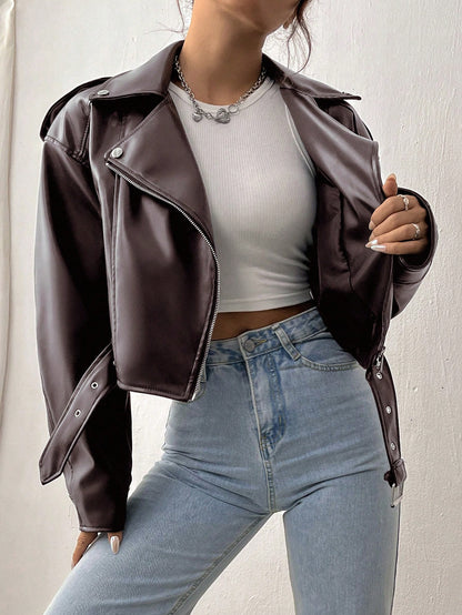 Women’s Street Moto Faux Leather Jacket – Cropped Zip Biker Coat