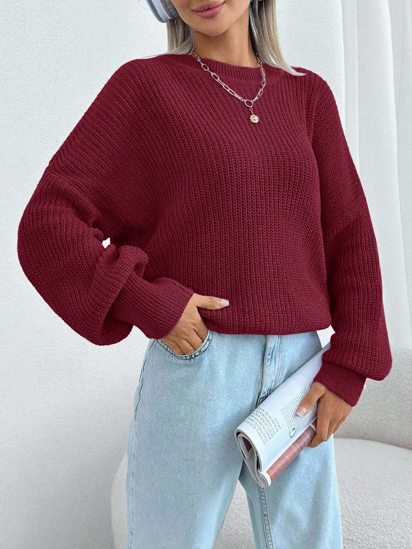 Women Chunky Knit Pullover Sweater – Oversized Drop Shoulder Knitwear