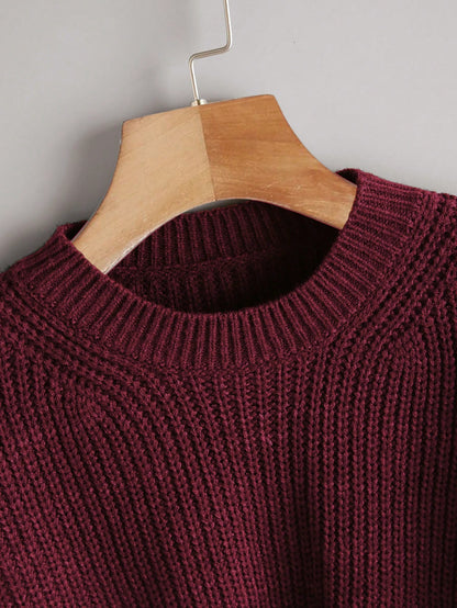 Women's Drop Shoulder Knit Sweater – Cozy Rib-Knit Long Sleeve Pullover
