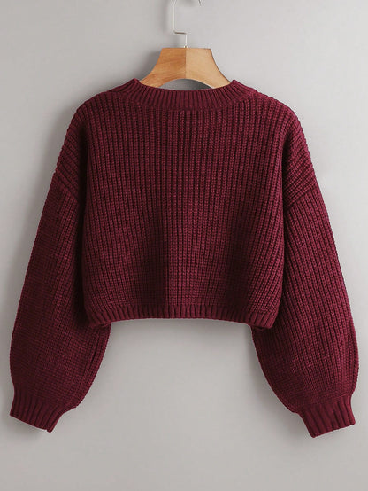 Women's Drop Shoulder Knit Sweater – Cozy Rib-Knit Long Sleeve Pullover