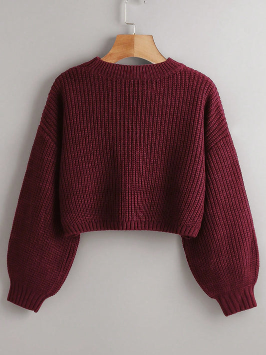 Women's Drop Shoulder Knit Sweater – Cozy Rib-Knit Long Sleeve Pullover