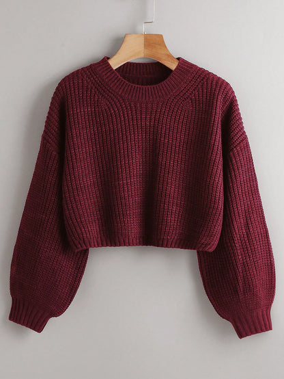 Women's Drop Shoulder Knit Sweater – Cozy Rib-Knit Long Sleeve Pullover