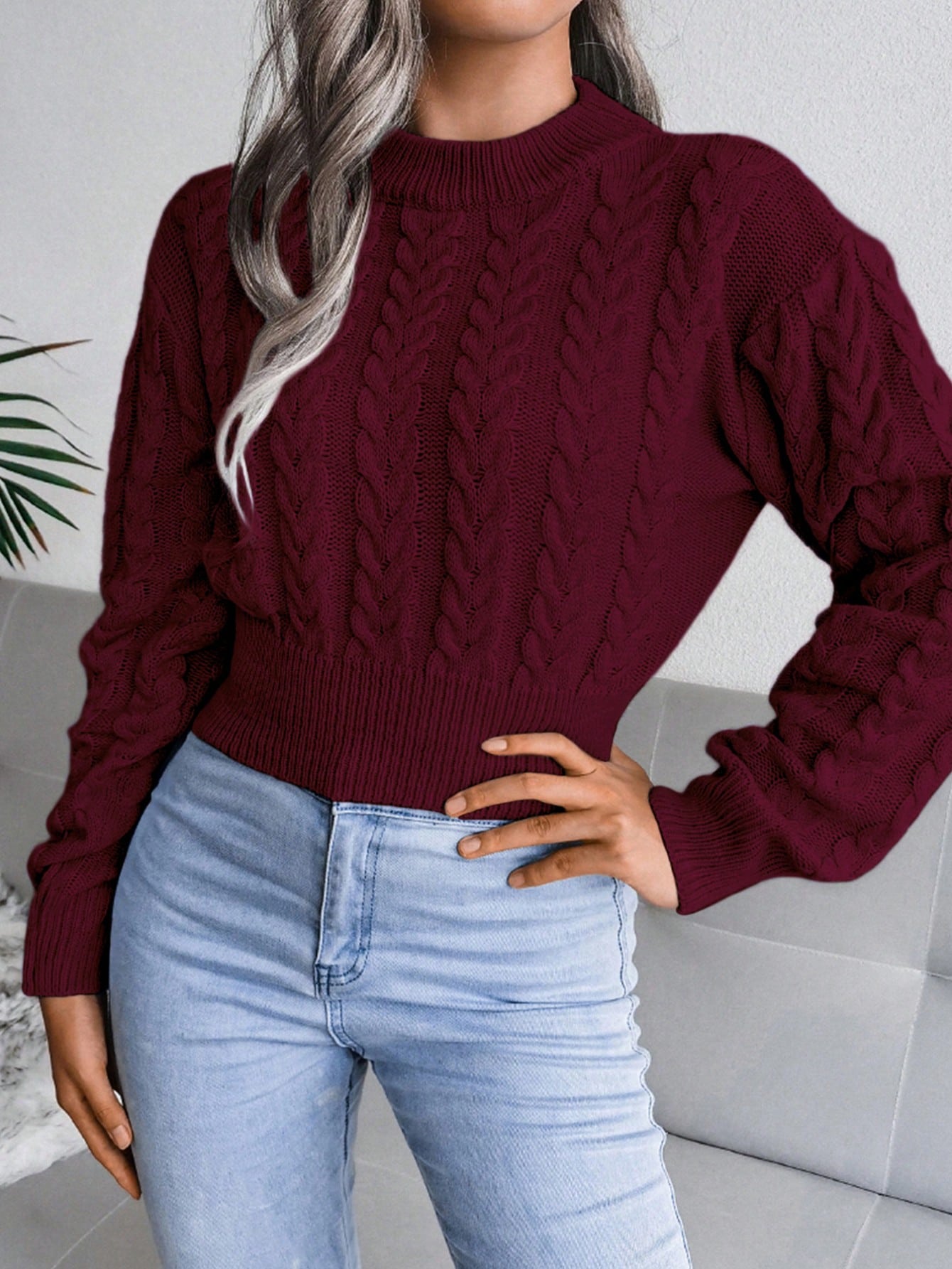 Women’s Cable-Knit Cropped Sweater – Round Neck Long Sleeve Ribbed Pullover