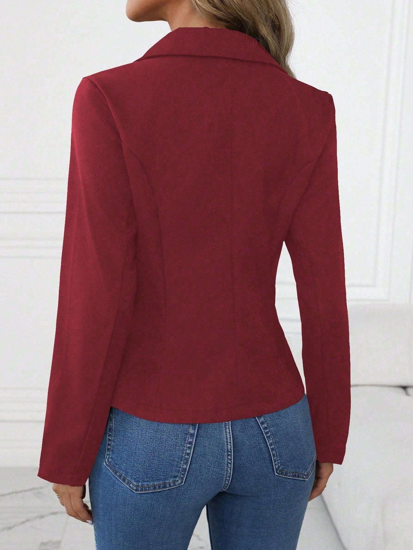 Women’s brown long sleeve blazer with single button and notched lapel, casual elegant office jacket by Nushes.