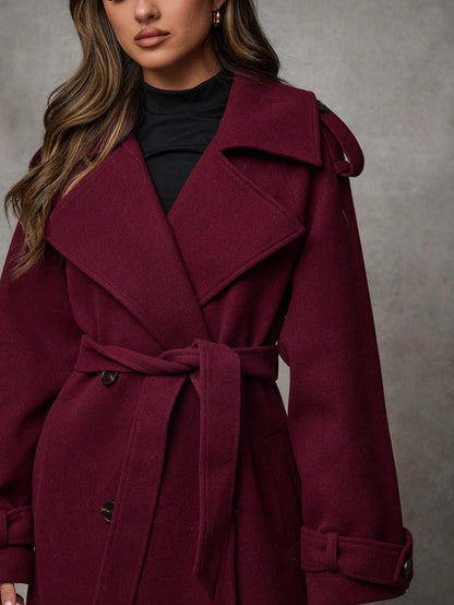 Women’s Long Wool Blend Coat – Elegant Double-Breasted Trench with Belted Waist